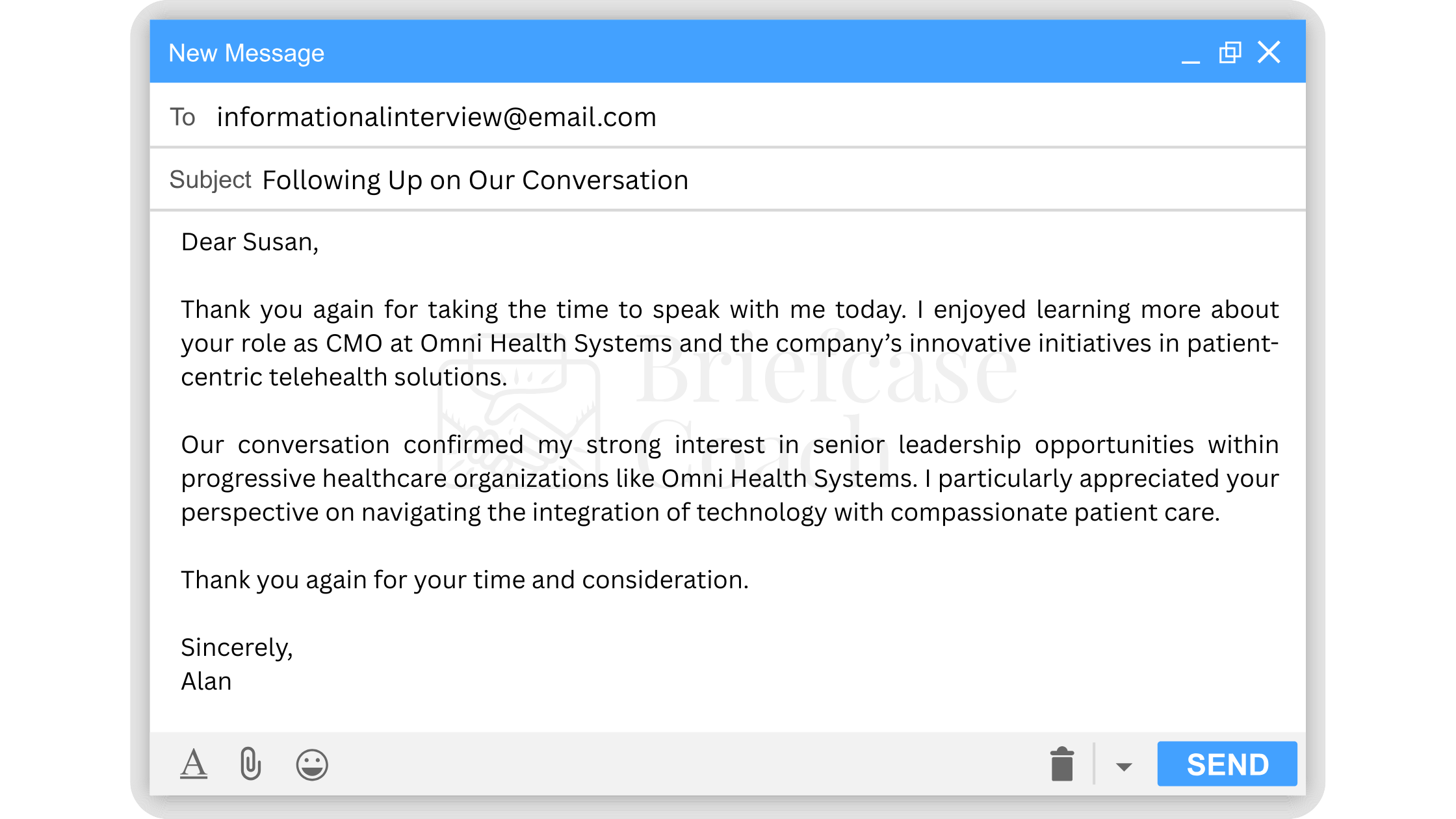 Thank you email example after speaking with someone in an informational interview.