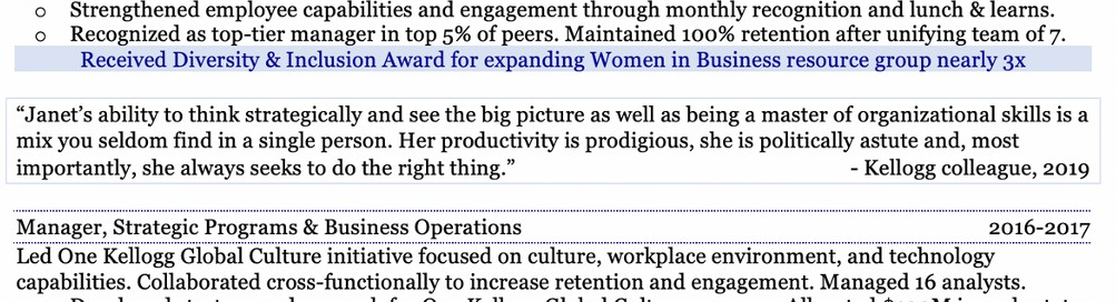 Sample of a testimonial block on a modern executive resume.