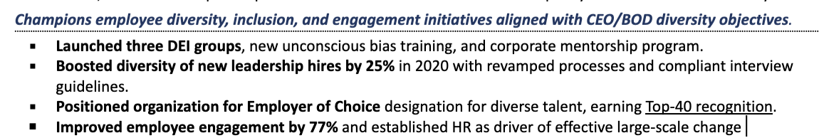 Excerpt from modern executive resume showcasing jobseekers qualities with quantified results.