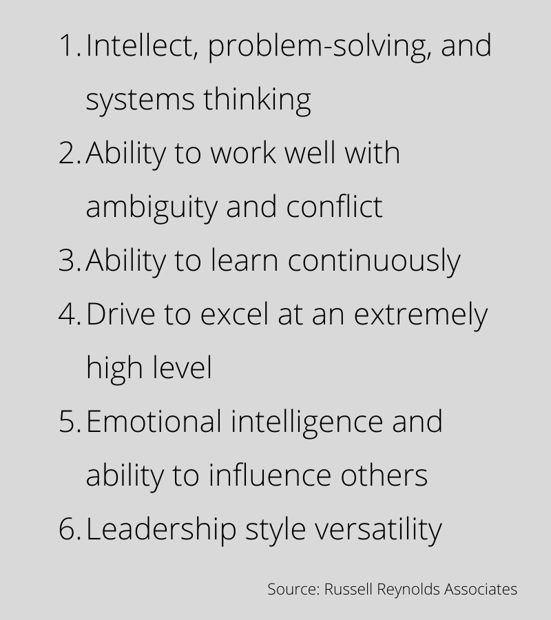 1. Intellect, problem-solving, and systems thinking
2. Ability to work well with ambiguity and conflict
3. Ability to learn continuously
4. Drive to excel at an extremely high level
5. Emotional intelligence and ability to influence others
6. Leadership style versatility