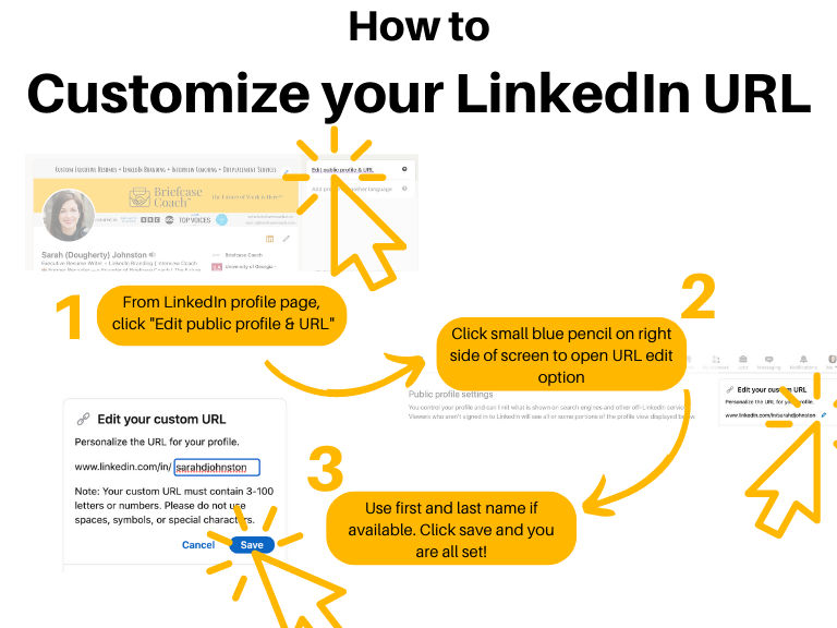 Illustrated instructions on how to personalize your LinkedIn profile URL