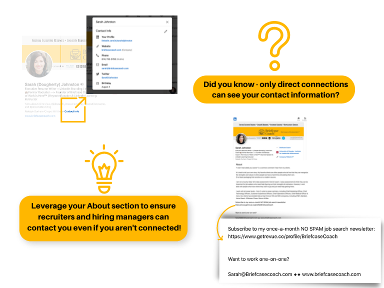 Visual showing how to leverage the about section for contact information so LinkedIn users who aren't contacts can connect with you.