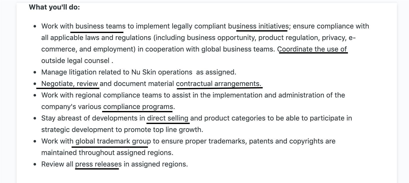 sample job description showing examples of key phrases to use when preparing for an interview.