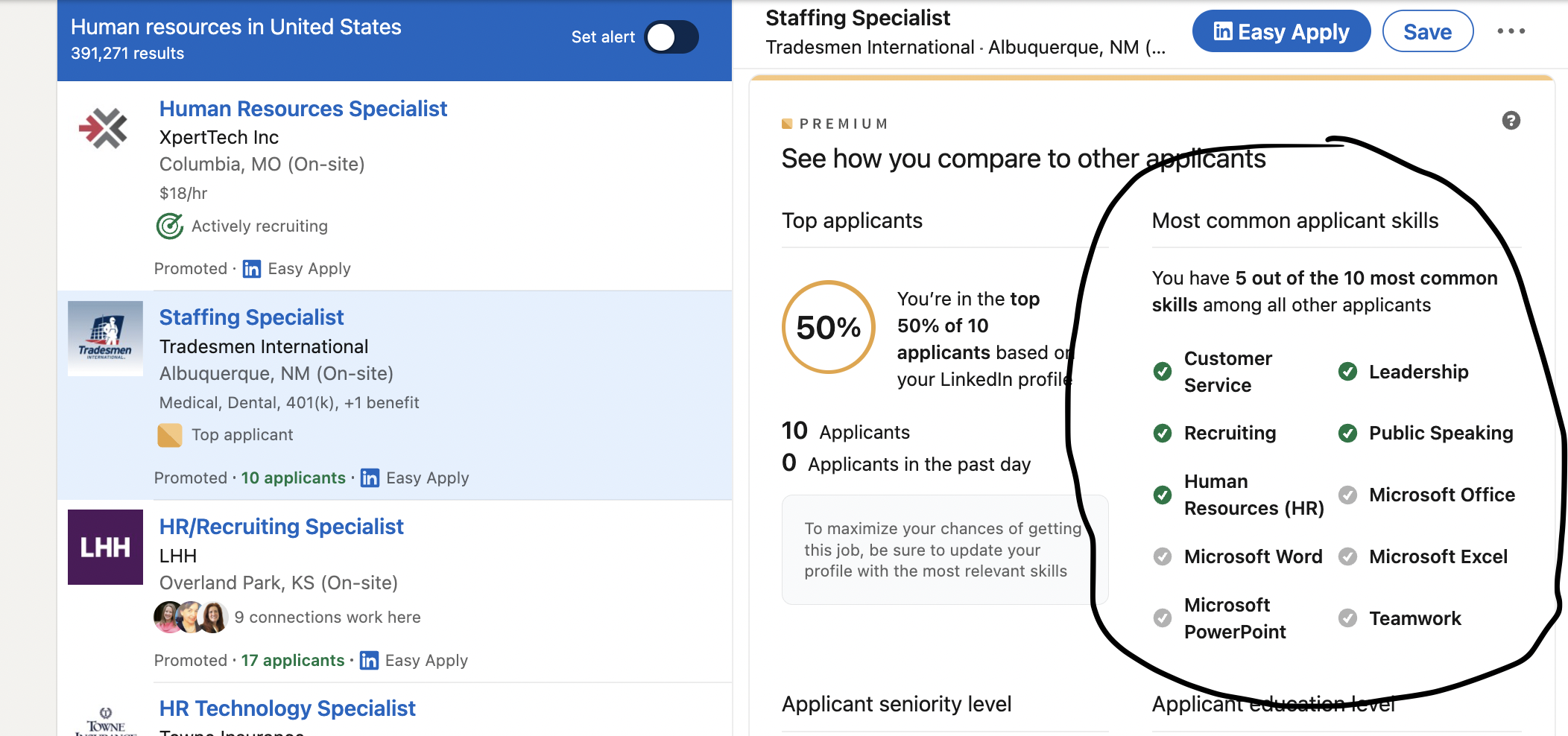 Screenshot of keyword tool in LinkedIn