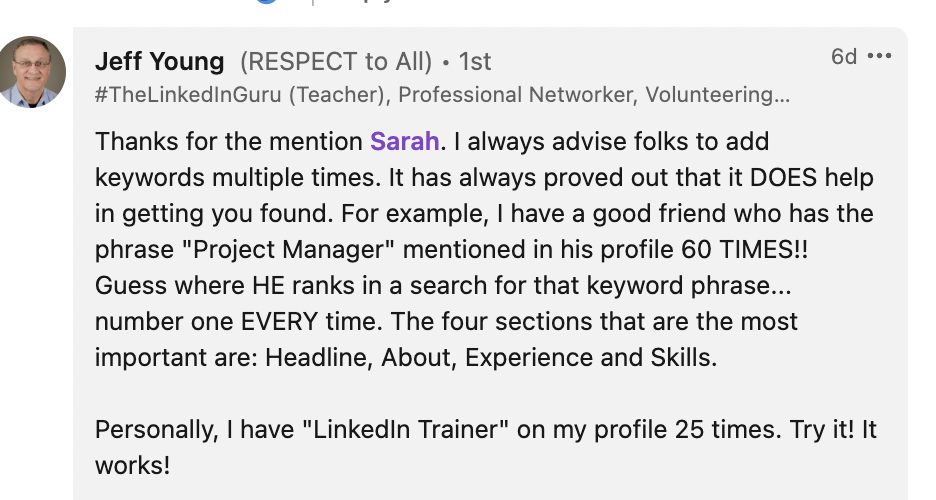 screenshot of LinkedIn comment from Jeff Young about the importance of keywords density.