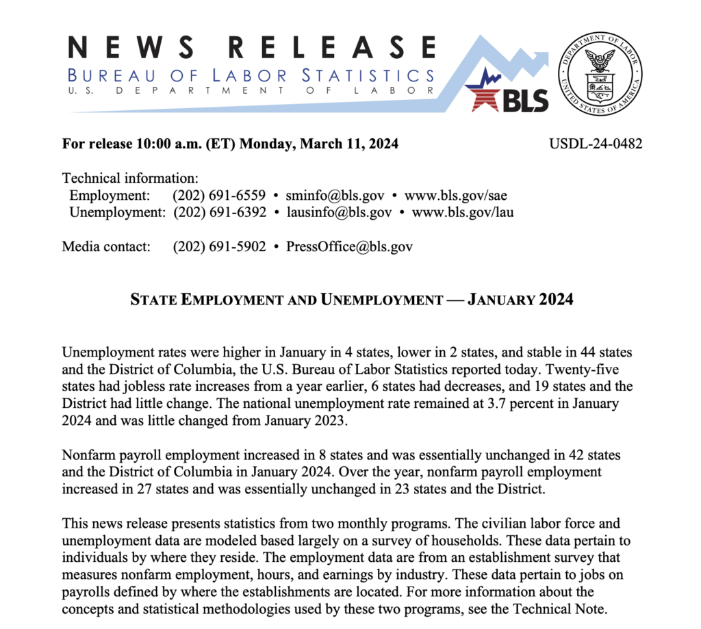 Screenshot sample of job market report from the Bureau of Labor Statistics. 