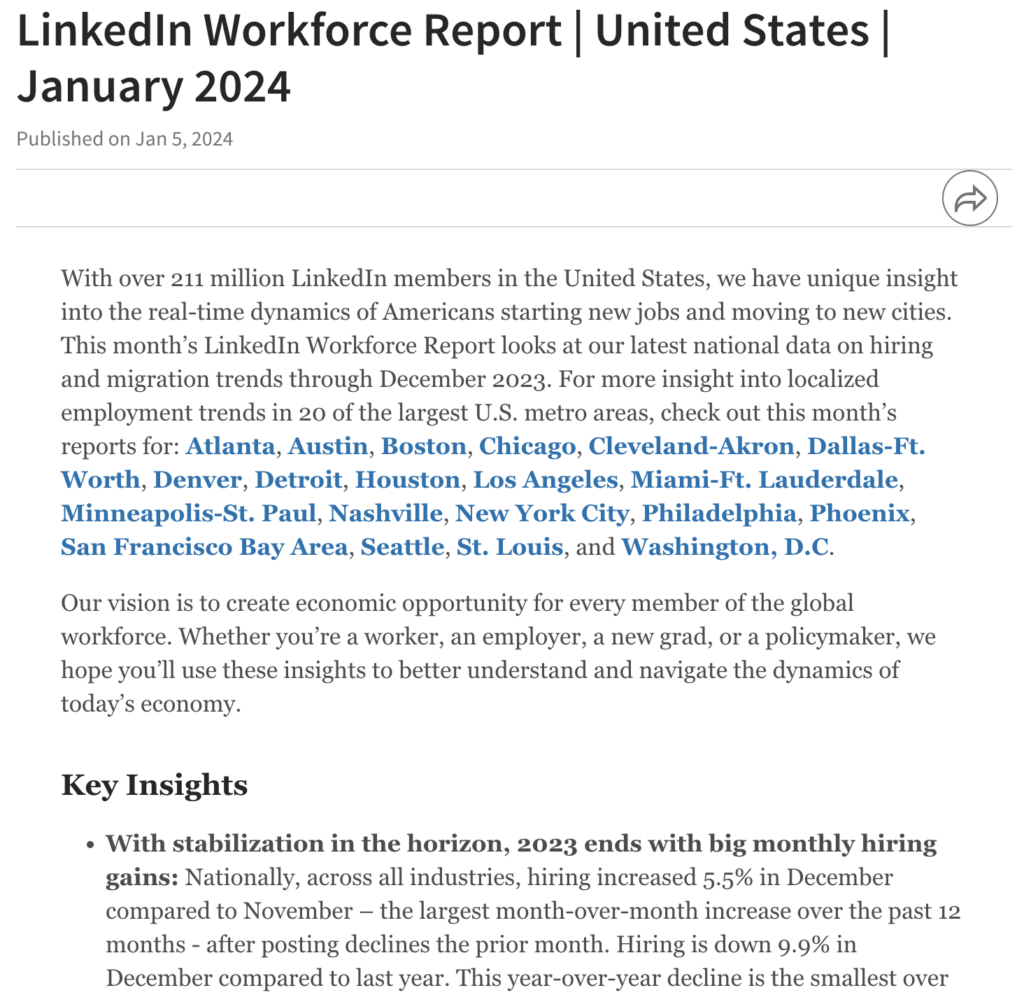Screenshot sample of monthly job market report published by LinkedIn