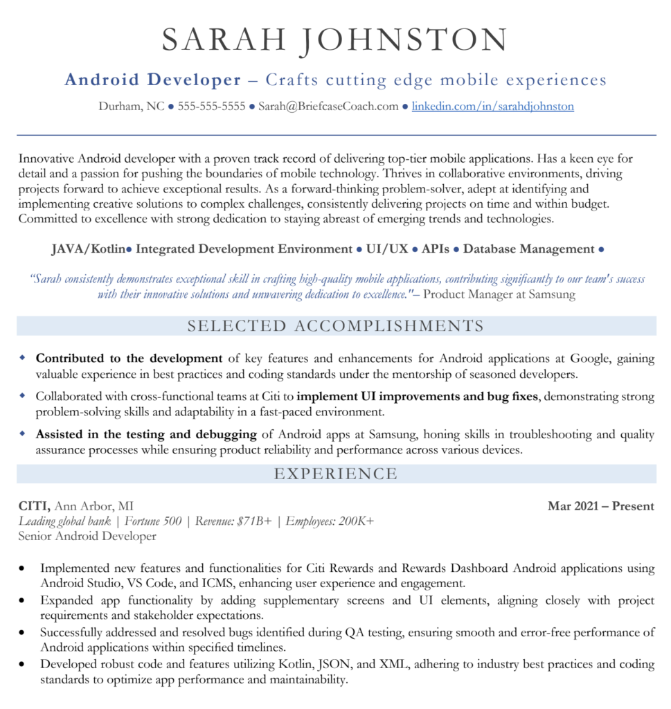 example of how to write a senior executive resume using white space to help the resume flow. 