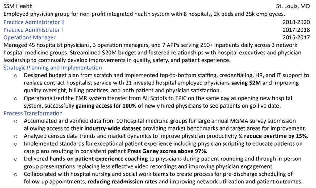 Example of Experience Listed on a Healthcare VP of Operations Resume